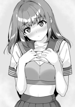 Rule 34 | 1girl, absurdres, artist request, blush, bra, breasts, character request, closed mouth, clothes lift, commentary request, copyright request, grey background, greyscale, hands on own chest, head tilt, highres, long hair, looking at viewer, medium breasts, midriff, monochrome, pleated skirt, school uniform, serafuku, shirt lift, skirt, solo, underwear, upper body