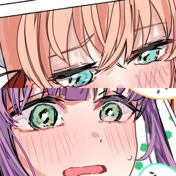 2girls absurdres aqua_eyes blush close-up commentary_request crossed_bangs green_eyes highres hinoshita_kaho jin_(oihlf) link!_like!_love_live! looking_down love_live! multiple_girls open_mouth orange_hair otomune_kozue purple_hair sidelocks sweatdrop virtual_youtuber