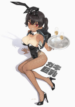 1girl alcohol alternate_costume animal_ears arm_support backpack bag black_bow black_bowtie black_hair black_leotard black_shoes bow bowtie breasts champagne champagne_flute cleavage clenched_teeth cup dated detached_collar drinking_glass fake_animal_ears fishnet_pantyhose fishnets full_body gaki_kyonyuu hair_between_eyes high_heels highres holding japanese_text kaedeko_(kaedelic) large_breasts leotard looking_at_viewer one-piece_tan oppai_loli pantyhose playboy_bunny rabbit_ears randoseru red_eyes sasaki_kanna shadow shoes short_hair signature simple_background single_ear_down smile solo tan tanline teeth text_background twintails wrist_cuffs
