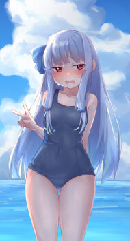 1girl absurdres aho_whale bare_arms bare_shoulders blue_hair blue_one-piece_swimsuit blue_sky blush cloud cloudy_sky collarbone commentary_request covered_navel day gluteal_fold highres horizon kotonoha_aoi looking_at_viewer ocean old_school_swimsuit one-piece_swimsuit open_mouth outdoors red_eyes school_swimsuit sky solo standing sweat swimsuit thigh_gap v voiceroid water wavy_mouth