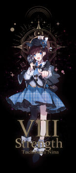 1girl absurdres black_background black_capelet black_hat black_pantyhose blue_eyes blue_skirt blush bow brown_hair capelet chinese_commentary commentary_request cosplay full_body girls_band_cry gradient_background grey_background hat hedgehog highres holding holding_magnifying_glass iseri_nina long_sleeves low_twintails magnifying_glass mahou_shoujo_no_majo_saiban open_mouth pantyhose plaid_clothes plaid_skirt pointing pointing_at_viewer short_twintails single_leg_pantyhose skirt solo tachibana_sherry tachibana_sherry_(cosplay) twintails unmoving_pattern white_bow yun_cao_bing