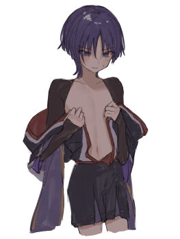 Rule 34 | 1boy, black shirt, black shorts, blush, collarbone, cowboy shot, furrowed brow, genshin impact, highres, long sleeves, looking down, male focus, midriff, navel, parted bangs, purple eyes, purple hair, scaramouche (genshin impact), shirt, shorts, solo, sweatdrop, tsurime, undressing, white background, yamabuki (yamabuki xxxxx)