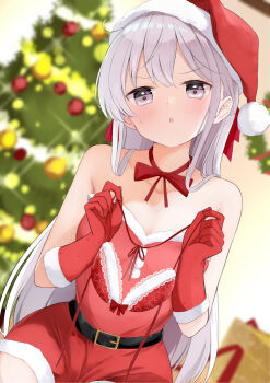 Rule 34 | 1girl, bare shoulders, belt, belt buckle, blush, bow, bow bra, bra, buckle, christmas, christmas tree, collarbone, commentary request, dress, elbow gloves, flat chest, fur-trimmed dress, fur-trimmed gloves, fur-trimmed headwear, fur trim, gloves, grey eyes, grey hair, hamaken. (novelize), hat, highres, holding, holding bra, holding underwear, holding unworn clothes, lace, lace-trimmed bra, lace trim, lingerie, long hair, looking at viewer, neck ribbon, original, red bow, red bra, red dress, red gloves, red hat, red ribbon, ribbon, santa costume, santa dress, santa hat, sitting, solo, sparkle, strapless, strapless dress, underwear, unworn bra, v-shaped eyebrows, very long hair