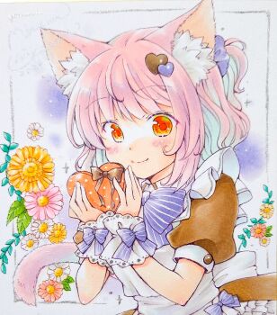 1girl animal_ear_fluff animal_ears blush bow bowtie box brown_sleeves choppy_bangs closed_mouth commentary_request dress flower flower_request hair_ornament hair_scrunchie hands_up heart heart-shaped_box heart_hair_ornament highres holding holding_box looking_at_viewer marker_(medium) medium_hair minami_kawa one_side_up original photo_(medium) pink_flower pink_hair purple_bow purple_bowtie purple_scrunchie red_eyes scrunchie shikishi short_sleeves smile solo striped_bow striped_bowtie striped_clothes tail traditional_media upper_body white_background white_dress white_flower wrist_bow yellow_flower