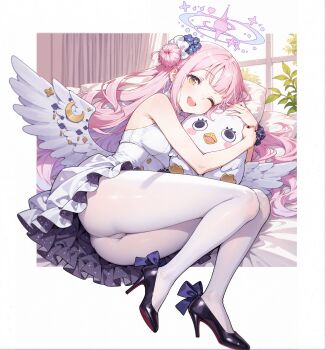 1girl absurdres angel_wings ass bare_shoulders bed_sheet black_bow black_shoes blue_archive blush bow breasts crescent dress feathered_wings fingernails flower footwear_bow guyu_(5445) hair_bun hair_flower hair_ornament hair_ribbon halo high_heels highres hug indoors large_breasts long_hair looking_at_viewer low_wings lying mika_(blue_archive) on_side one_eye_closed open_mouth pantyhose peroro_(blue_archive) pillow pink_hair pink_halo plant pumps purple_flower ribbon shoes single_side_bun smile solo starry_sky_print teeth thighs underbust upper_teeth_only white_background white_dress white_pantyhose white_ribbon white_wings window wings yellow_eyes