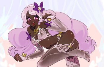 1girl ass bare_shoulders bow bra breasts brooch cleavage dark-skinned_female dark_skin detached_sleeves earrings full_body garter_straps gem glint gold_bow gold_necklace hand_in_own_hair hands_up highres jacinthe_(pokemon) jewelry light-skinned_palms lingerie long_hair looking_at_viewer low_drills medium_breasts multiple_necklaces navel necklace nintendo open_mouth panties pink_bra pink_panties pokemon pokemon_legends:_z-a purple_eyes purple_hair raliciel see-through_clothes see-through_thighhighs see-through_underwear smile solo sphere_earrings standing standing_on_one_leg strapless strapless_bra thighhighs underwear very_dark_skin yellow_bow