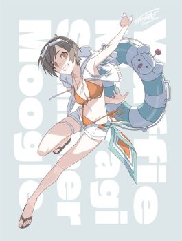 1girl bikini breasts commentary_request cropped_hoodie decoponmagi final_fantasy final_fantasy_vii final_fantasy_vii:_ever_crisis flip-flops goggles goggles_on_head highres hood hooded_vest hoodie looking_at_viewer navel official_alternate_costume open_fly orange_bikini sandals short_hair side-tie_bikini_bottom sleeveless sleeveless_hoodie smile solo stomach swim_ring swimsuit vest yuffie_kisaragi yuffie_kisaragi_(summer_moogle)