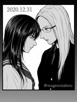 2girls absurdres buttons closed_mouth collared_shirt commentary_request dated eye_contact face-to-face glasses greyscale highres jacket long_hair looking_at_another monochrome mugennitaberu multiple_girls neckerchief original parted_bangs profile rimless_eyewear sailor_collar shirt twitter_username