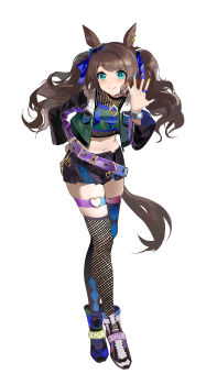 Rule 34 | 1girl, absurdres, animal ears, asymmetrical legwear, black jacket, black skirt, black thighhighs, blue eyes, blue nails, blue ribbon, blue shirt, blush, brown hair, closed mouth, cropped shirt, fishnet thighhighs, fishnet top, fishnets, hair ribbon, hako (misheyes), hand on own hip, highres, horse ears, horse girl, horse tail, jacket, long hair, looking at viewer, miniskirt, mismatched legwear, navel, open clothes, open jacket, orange nails, purple shoes, ribbon, shirt, shoes, sidelocks, skirt, smile, sneakers, solo, stomach, tail, thigh strap, thighhighs, tosen jordan (pop joker) (umamusume), tosen jordan (umamusume), twintails, umamusume, yellow nails