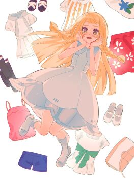 1girl @_@ blonde_hair blush braid breasts camisole collared_dress dress fua1heyvot4ifsr green_eyes hands_on_own_face highres lillie_(pokemon) long_hair looking_at_viewer nintendo open_mouth pink_camisole pokemon pokemon_sm red_skirt shirt shoes shorts skirt sleeveless sleeveless_dress socks solo sundress twin_braids unworn_clothes unworn_shirt unworn_shoes unworn_shorts white_dress white_shirt white_skirt white_socks