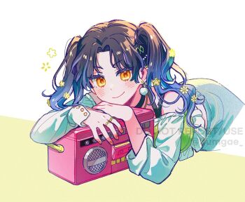 1girl aqua_hair bare_shoulders black_hair bloom_festival_(project_sekai) blue_hair blush boombox closed_mouth commentary_request earrings eyelashes fingernails flower hair_flower hair_intakes hair_ornament jewelry long_hair long_sleeves lying multicolored_hair multiple_rings official_alternate_costume official_alternate_hairstyle project_sekai ring shiraishi_an simple_background smile streaked_hair twintails twitter_username watermark white_background wo_habum yellow_eyes