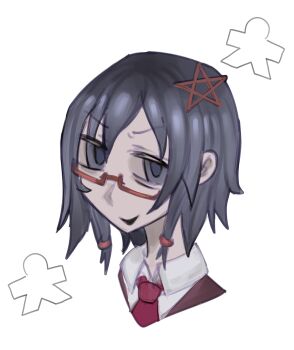 Rule 34 | 1girl, blue eyes, blue hair, corpse party, hair ornament, highres, krmlkx, looking at viewer, pentagram, pentagram hair ornament, portrait, red-framed eyewear, saenoki naho, school uniform, short hair, sketch, smile, solo, star (symbol), white background
