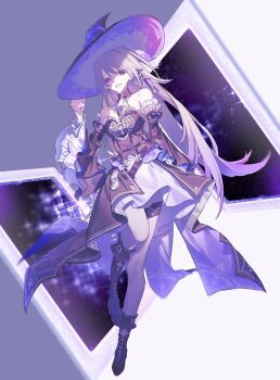 1girl bare_shoulders black_dress black_hat breasts brown_hair detached_sleeves dress hat herta_(honkai:_star_rail) highres honkai:_star_rail honkai_(series) jewelry long_hair looking_at_viewer pantyhose pecco74 purple_eyes smile solo teeth the_herta_(honkai:_star_rail) witch_hat