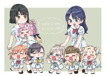 >_< 6+girls :3 :d ^_^ anyoji_hime aqua_neckerchief black_hair blonde_hair blue_dress blue_eyes blue_hair blunt_bangs blunt_ends bob_cut border braid brown_hair brown_shoes center-flap_bangs ceras_yanagida_lilienfeld chibi claw_pose clenched_hands closed_eyes closed_mouth commentary dress flower gradient_hair green_eyes grey_hair hair_flower hair_ornament half_updo hinoshita_kaho kachimachi_kosuzu katsuragi_izumi link!_like!_love_live! loafers looking_at_another love_live! mole mole_on_neck momose_ginko moso_(expect66) multi-tied_hair multicolored_hair multiple_girls murano_sayaka neckerchief open_mouth orange_hair osawa_rurino outside_border parted_bangs pink_flower pink_hair ponytail puffy_short_sleeves puffy_sleeves rabbit_hair_ornament red_neckerchief sailor_collar sailor_dress shoes short_eyebrows short_hair short_sleeves side_braids smile socks standing summer_uniform symbol-only_commentary thick_eyebrows translation_request triangle_hair_ornament twintails v-shaped_eyebrows virtual_youtuber white_border white_sailor_collar white_socks wolf_cut x3 xd yellow_neckerchief