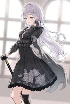 1girl black_gloves black_jacket black_skirt black_thighhighs breasts commentary_request commission floral_print floral_print_skirt gloves grey_hair hand_in_own_hair hand_up highres indoors jacket long_hair long_sleeves looking_at_viewer medium_breasts original print_skirt red_eyes single_thighhigh skeb_commission skirt solo teeth thighhighs yamato_(muchuu_paradigm)