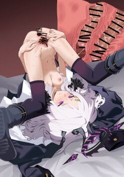 1girl absurdres anus bar_censor black_coat black_thighhighs blue_archive blush breasts censored coat commentary_request commission demon_girl demon_horns demon_wings halo highres hina_(blue_archive) horns indoors long_hair low_wings nipples nude purple_eyes pussy skeb_commission small_breasts solo takinohamira thighhighs very_long_hair white_hair wings