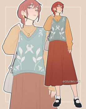 1girl bag black_shoes blue_sweater_vest braid brown_skirt casual celebelian chainsaw_man closed_mouth earrings full_body gold_earrings gold_necklace grey_background highres jewelry light_blush long_hair long_skirt makima_(chainsaw_man) mary_janes necklace orange_sweater red_hair ringed_eyes shoes shoulder_bag single_braid skirt socks solo sweater sweater_vest twitter_username upper_body white_socks