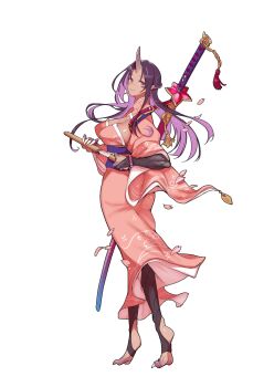 1girl black_hair breasts character_request closed_mouth colored_inner_hair commentary_request ether_glider highres holding holding_sword holding_weapon horns japanese_clothes kimono multicolored_hair petals pink_kimono pink_petals purple_hair red_eyes single_horn smile solo stirrup_legwear sword toeless_legwear weapon weapon_on_back white_background z-ton