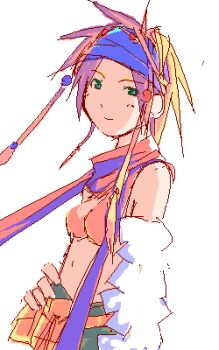 1girl asami_natsuhito bare_shoulders beads belt belt_pouch bikini bikini_top_only blonde_hair blue_headband closed_mouth commentary_request detached_sleeves dot_nose final_fantasy final_fantasy_x final_fantasy_x-2 green_eyes green_skirt hair_beads hair_ornament hand_on_own_hip headband jaggy_lines long_sidelocks looking_at_viewer lowres midriff miniskirt navel no_sclera orange_belt orange_bikini pouch red_scarf rikku_(ff10) scarf short_hair_with_long_locks sidelocks single_detached_sleeve skirt smile solo spiked_hair square_enix swimsuit thief_(final_fantasy) upper_body white_background white_sleeves