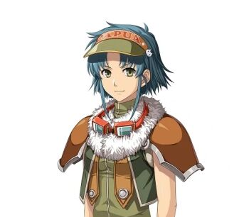 Rule 34 | 1girl, akatsuki no kiseki, armor, blue hair, curtained hair, eiyuu densetsu, fingerless gloves, full body, fur trim, gloves, goggles, goggles around neck, green eyes, green shirt, green vest, josette capua, leather, leather gloves, light smile, looking at viewer, official art, parted bangs, shirt, short hair, shoulder armor, solo, sora no kiseki, standing, third-party source, variant set, vest, visor cap