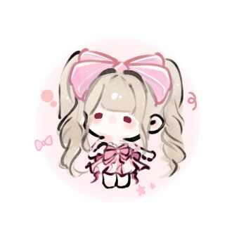 Rule 34 | 1girl, barefoot, blonde hair, blunt bangs, bow, bowtie, brooch, brown eyes, chibi, chinese commentary, circle, commentary request, dress, drill hair, fengmi youzi hua, frilled sleeves, frills, hair bow, hand on own shoulder, highres, infinity nikki, jewelry, large bow, light blush, light particles, long hair, looking to the side, nikki (series), no mouth, off-shoulder dress, off shoulder, pink bow, pink bowtie, pink dress, pink ribbon waltz (infinity nikki), pleated dress, short dress, short sleeves, sidelocks, solid oval eyes, solo, standing, twin drills, twintails, very long hair, white background