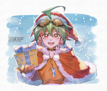 Rule 34 | 1boy, box, capelet, fushitasu, gift, gift box, green hair, hat, holding, holding gift, jewelry, male focus, orange shirt, pendant, red capelet, red eyes, red hair, red hat, sakaki yuya, santa costume, shirt, solo, watermark, yu-gi-oh!, yu-gi-oh! arc-v