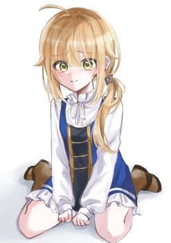 1girl ahoge blonde_hair boots clenched_hands dress green_eyes highres looking_at_viewer mushoku_tensei norn_greyrat on_ground ponytail sitting solo solo_focus spica59 tearing_up wariza white_background