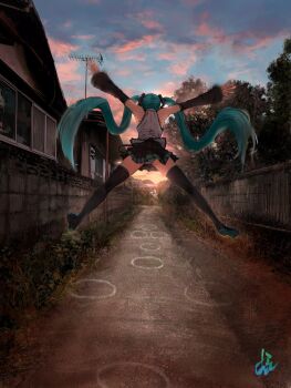 1girl aqua_hair aqua_trim ass black_boots black_skirt boots chalk_drawing cloud cloudy_sky commentary_request detached_sleeves evening frilled_shirt frills from_behind hair_ornament hatsune_miku highres hopscotch house hylran0427 jumping long_hair long_sleeves midair miniskirt outdoors outstretched_arms panties pantyshot pleated_skirt scenery shirt signature skirt sky sleeveless sleeveless_shirt solo spread_legs sunset thigh_boots thighhighs tree twintails underwear untucked_shirt urban utility_pole very_long_hair vocaloid window zettai_ryouiki