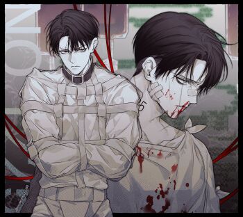 1boy adam's_apple bandaid bandaid_on_neck black_hair blood blood_on_clothes blood_on_face closed_mouth commentary_request gauze gauze_on_cheek highres korean_commentary levi_(shingeki_no_kyojin) looking_at_viewer lovewithyou_159 male_focus multiple_views shingeki_no_kyojin short_hair straitjacket twitter_username
