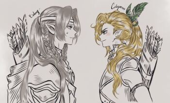 Rule 34 | 2boys, armor, arrow (projectile), bare arms, bare shoulders, beleg, blonde hair, braid, bumblebeww, celegorm, character name, earrings, elf, face-to-face, grey hair, hair ornament, headband, high ponytail, jewelry, large ears, long hair, looking at another, male focus, multiple boys, parted bangs, pauldrons, pointy ears, ponytail, profile, quiver, shoulder armor, simple background, sweat, sweatdrop, the silmarillion, tolkien's legendarium, twin braids, upper body, weapon