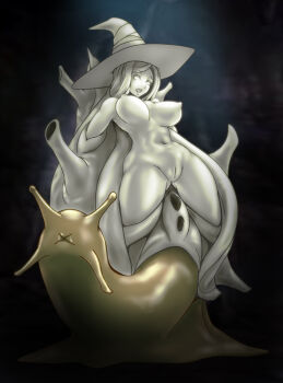 1girl ahegao bouncing_breasts bound bound_arms bound_legs breasts breasts_apart cleft_of_venus colored_eyelashes colored_nipples colored_sclera colored_skin dark_background dragon&#039;s_crown gluteal_fold grey_hair grey_nipples grey_sclera grey_skin grey_tongue groin hat immobilization long_hair monster navel ningyoushi nipples no_irises no_pupils nude open_mouth petrification pupiless_eyes pussy restrained sidelocks snail snail_shell solid_eyes solo sorceress_(dragon&#039;s_crown) spread_legs stationary_restraints statue stone_skin stuck swept_bangs teeth thighs tongue transformation variant_set witch_hat