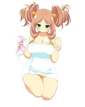 1girl beads beckoning bikini breasts brown_hair cleavage closed_mouth come_hither double_bun english_text game_cg green_eyes hair_beads hair_bobbles hair_bun hair_ornament half-closed_eyes highres holding holding_sponge large_breasts long_hair looking_at_viewer nearly_naked_towel official_alternate_costume official_alternate_hairstyle official_art orange_bikini plaid_bikini plaid_clothes seductive_smile seiza senran_kagura senran_kagura_new_wave simple_background sitting smile soap soap_bubbles solo sponge swimsuit tamaki_(senran_kagura) towel twintails white_background