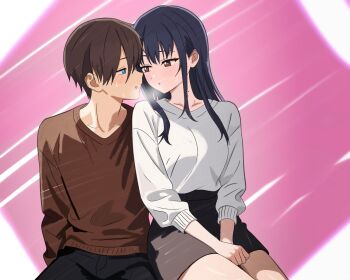 1boy 1girl alternate_costume black_hair black_skirt blue_eyes blush boku_no_kokoro_no_yabai_yatsu brown_eyes brown_sweater collarbone commentary_request couple hetero highres ichikawa_kyoutarou imminent_kiss long_hair long_sleeves looking_at_another meteor_animation miniskirt mole mole_on_neck multiple_moles pencil_skirt pink_background profile short_hair sideways_mouth sitting skirt sweater two-tone_background white_background white_sweater yamada_anna