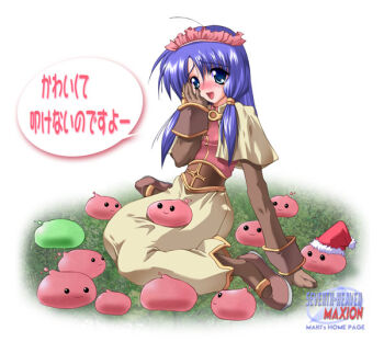 Rule 34 | 1girl, 2000s (style), :3, acolyte (ragnarok online), bad id, blue eyes, blush, brown gloves, brown shirt, brown shoes, brown skirt, brown socks, commentary request, full body, gloves, hair tubes, hand on own cheek, hand on own face, hat, long hair, long sleeves, maid headdress, maki (seventh heaven maxion), open mouth, poporing, poring, purple hair, ragnarok online, santa hat, shirt, shoes, skirt, slime (creature), smile, socks, solo, translation request, white background