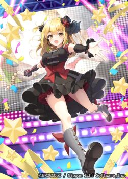 1girl black_dress black_hat blonde_hair boots cana_(z/x) concert confetti copyright_notice dress feathered_wings green_wings grey_boots hair_ornament hat headset long_hair mini_hat mini_wings official_art open_mouth screen_zoom sleeveless solo stage star_(symbol) wings yaki_mayu yellow_eyes z/x