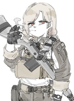 1girl belt black_gloves blonde_hair gloves gun highres looking_at_viewer military orange_eyes pouch red_eyes rifle samsick short_hair simple_background smoking solo utility_belt vest weapon white_background