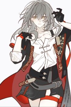 1girl belt black_gloves black_jacket black_skirt chinese_clothes closed_mouth collarbone commentary cowboy_shot dragon_print floating_hair gloves gold_trim grey_belt grey_hair hair_between_eyes hands_up highres honkai:_star_rail honkai_(series) jacket long_hair long_sleeves looking_to_the_side miniskirt official_alternate_costume open_clothes open_jacket red_jacket shirt sidelocks simple_background sinn_syuu skirt smile solo standing stelle_(honkai:_star_rail) stelle_(vim_and_vigor)_(honkai:_star_rail) tangzhuang tassel thigh_strap trailblazer_(honkai:_star_rail) two-sided_fabric two-sided_jacket untranslatable_commentary white_background white_shirt yellow_eyes