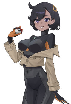 1girl absurdres black_bodysuit black_hair bodysuit bodysuit_under_clothes breasts brown_jacket commentary cowboy_shot db_(geuze) emma_(pokemon) eyelashes gloves grin hand_up happy highres holding holding_poke_ball jacket light_blush long_sleeves nintendo off_shoulder poke_ball poke_ball_(basic) pokemon pokemon_legends:_z-a ring_hair_ornament short_hair side_ahoge simple_background smile solo teeth white_background