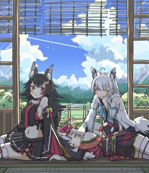 3girls animal_ear_fluff animal_ears ascot black_hair black_shorts black_skirt blue_ascot blue_sky blush braid brooch commentary_request day detached_sleeves facing_viewer fox_ears fox_girl fox_tail highres hololive japanese_clothes jewelry kimono kimono_skirt kouhaku_nawa looking_at_another lying mask multiple_girls nakiri_ayame navel on_side oni_mask ookami_mio ookami_mio_(1st_costume) orange_eyes rope shimenawa shirakami_fubuki shirakami_fubuki_(1st_costume) shirt shorts single_braid skirt sky sleeping summer tail tatami thighhighs tree turihaaa virtual_youtuber white_hair white_shirt wolf_ears wolf_girl wolf_tail wooden_floor