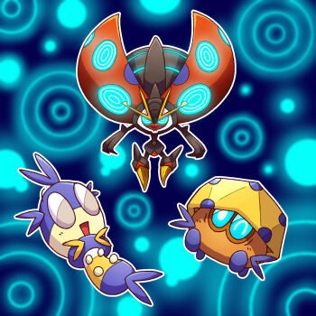 Rule 34 | blipbug, blue background, commentary request, dottler, evolutionary line, full body, gen 8 pokemon, glowing, highres, nintendo, no humans, one eye closed, open mouth, orbeetle, pokemon, pokemon (creature), pokemon focus, smile, user yvgk5553