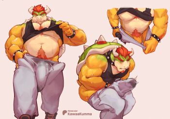 1boy arm_hair ass bara bare_pectorals biceps black_tank_top blush bowser bracelet bulge chest_hair closed_mouth clothes_lift collar commentary english_commentary erection erection_under_clothes furry furry_male grey_pants hand_on_own_hip highres horns jewelry kawaakumma looking_at_viewer looking_down looking_to_the_side male_focus male_masturbation mario_(series) masturbation masturbation_through_clothes multiple_views muscular muscular_male navel nintendo nipples pants patreon_logo patreon_username pectorals penis presenting_penis pubic_hair red_hair shirt_lift spiked_bracelet spiked_collar spiked_shell spikes stomach_hair sweat sweatpants tank_top thick_navel_hair wavy_mouth
