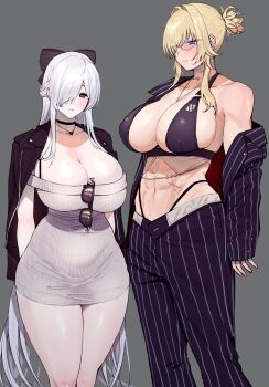 2girls abs amano_don arms_behind_back bikini bikini_under_clothes black_bikini black_bow black_choker black_jacket black_pants blonde_hair blue_eyes blush bow breasts choker cinderella_(beautiful_me)_(nikke) cinderella_(nikke) cleavage closed_mouth commentary curvy dongtan_dress dress eyewear_hang feet_out_of_frame formal_clothes glasses goddess_of_victory:_nikke grave_(beautiful_you)_(nikke) grave_(nikke) grey_background grey_dress hair_bow hair_intakes hair_over_one_eye half_updo heart heart_necklace highleg highleg_bikini highres jacket jacket_on_shoulders jewelry large_breasts long_hair looking_at_viewer medium_hair multiple_girls navel necklace necklace_between_breasts off-shoulder_dress off_shoulder official_alternate_costume open_clothes open_fly open_jacket pants parted_lips pencil_dress pinstripe_jacket pinstripe_pants pinstripe_pattern pinstripe_shirt pinstripe_suit ponytail red_eyes ribbed_dress scar scar_on_stomach shirt short_dress short_ponytail sidelocks simple_background single_bare_shoulder single_off_shoulder standing striped_clothes striped_jacket striped_pants suit sunglasses swimsuit tinted_eyewear underbust unworn_eyewear vertical-striped_clothes vertical-striped_jacket vertical-striped_pants very_long_hair white_hair yellow-tinted_eyewear