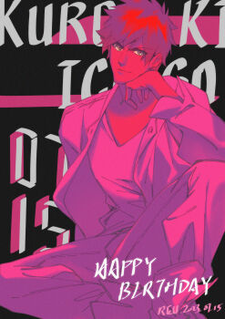 1boy 2023 absurdres bleach character_name dated earrings english_text hair_between_eyes hand_on_own_chin happy_birthday highres jacket jewelry kurosaki_ichigo limited_palette long_sleeves male_focus open_clothes open_jacket pink_theme sitting smile solo spiked_hair v-neck you