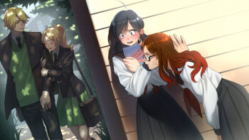 1boy 3girls :d @_@ ^_^ aconitea adrien_agreste against_wall ahoge alternate_costume alya_cesaire arm_hug arms_at_sides bad_id bad_pixiv_id bag belt black-framed_eyewear black_hair black_necktie black_skirt blonde_hair blue_eyes blush book brown_hair buckle building buttons chloe_bourgeois closed_eyes collared_shirt copyright_request crossed_arms dappled_sunlight day dress_shirt dutch_angle embarrassed english_text folder gakuran glasses gradient_hair green_eyes green_skirt hair_ornament hairclip handbag highres holding holding_book house jacket long_hair long_skirt long_sleeves low_twintails marinette_dupain-cheng miraculous_ladybug multicolored_hair multiple_girls necktie open_clothes open_jacket open_mouth outdoors path plant pleated_skirt red_hair red_necktie road sailor_collar school_uniform semi-rimless_eyewear serafuku shirt skirt smile sunlight sweat sweatdrop sweater tareme tree twintails under-rim_eyewear white_shirt window wooden_wall