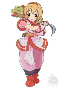 1girl ainu_clothes artist_name blonde_hair breasts chameleon cosplay crossed_arms fingerless_gloves gloves hair_ribbon highres looking_at_viewer nakoruru ribbon samurai_spirits short_hair small_breasts snk the_king_of_fighters weapon yellow_eyes