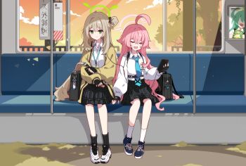 2girls ahoge bag black_gloves black_skirt black_socks blue_archive blue_footwear blue_necktie briefcase cloud earbuds earphones fingerless_gloves full_body gloves green_eyes green_hair green_halo halo highres holding holding_notebook holding_phone hoshino_(blue_archive) id_card ideolo jacket light_brown_hair light_rays long_hair long_sleeves multiple_girls necktie nonomi_(blue_archive) notebook phone picture_frame pink_hair pink_halo puffy_long_sleeves puffy_sleeves sand school_bag school_briefcase school_uniform shirt shoes sitting skirt socks train_interior tree white_footwear white_shirt white_socks yellow_jacket yume_(blue_archive)