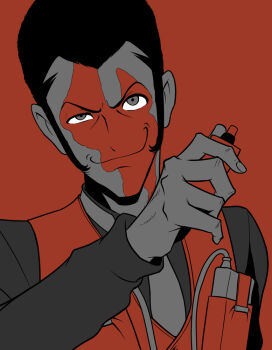 Rule 34 | 1boy, black hair, black shirt, burn scar, closed mouth, commentary, detonator, english commentary, evil smile, explosive, facial hair, facial mark, fake lupin (zenigata to futari no rupan), formal clothes, grey eyes, grey necktie, hansodeya, holding, holding detonator, limited palette, long sleeves, looking at viewer, lupin iii, male focus, necktie, red background, scar, shirt, short hair, sideburns, simple background, smile, solo, wire, zenigata to futari no rupan