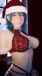 1girl 3d animated bare_shoulders blue_eyes blue_hair blush bouncing_breasts bra breasts female_byleth_(fire_emblem) christmas cleavage elbow_gloves fire_emblem fire_emblem:_three_houses gloves green_hair hat highres interior j9006 jiggle large_breasts lips long_hair looking_at_viewer lowres navel nintendo panties red_bra santa_hat solo stomach underwear video