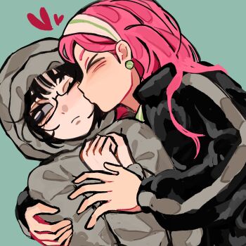 Rule 34 | 2girls, absurdres, alien stage, black hair, black jacket, closed eyes, commentary, earrings, glasses, green background, green hairband, grey hoodie, hairband, hashtag-only commentary, heart, highres, hood, hood up, hoodie, jacket, jewelry, kiss, kissing cheek, mizi (alien stage), multicolored hairband, multiple girls, official alternate costume, one eye closed, pink hair, rawgluten, sphere earrings, striped clothes, striped hairband, sua (alien stage), two-tone hairband, white hairband