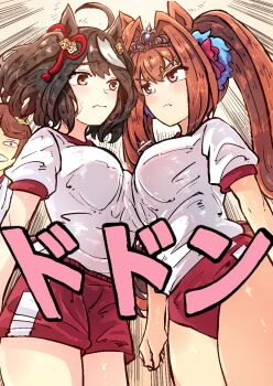 3girls animal_ears asymmetrical_docking bouncing_breasts breast_press breasts brown_eyes brown_hair buruma crown daiwa_scarlet_(umamusume) gym_shirt gym_uniform highres horse_ears horse_girl horse_tail hyokun1004 kitasan_black_(umamusume) large_breasts long_hair multicolored_hair multiple_girls pink_eyes red_buruma red_track_suit shiny_skin shirt short_sleeves shorts tail thighs tracen_training_uniform track_suit translation_request twintails two-tone_hair umamusume white_hair